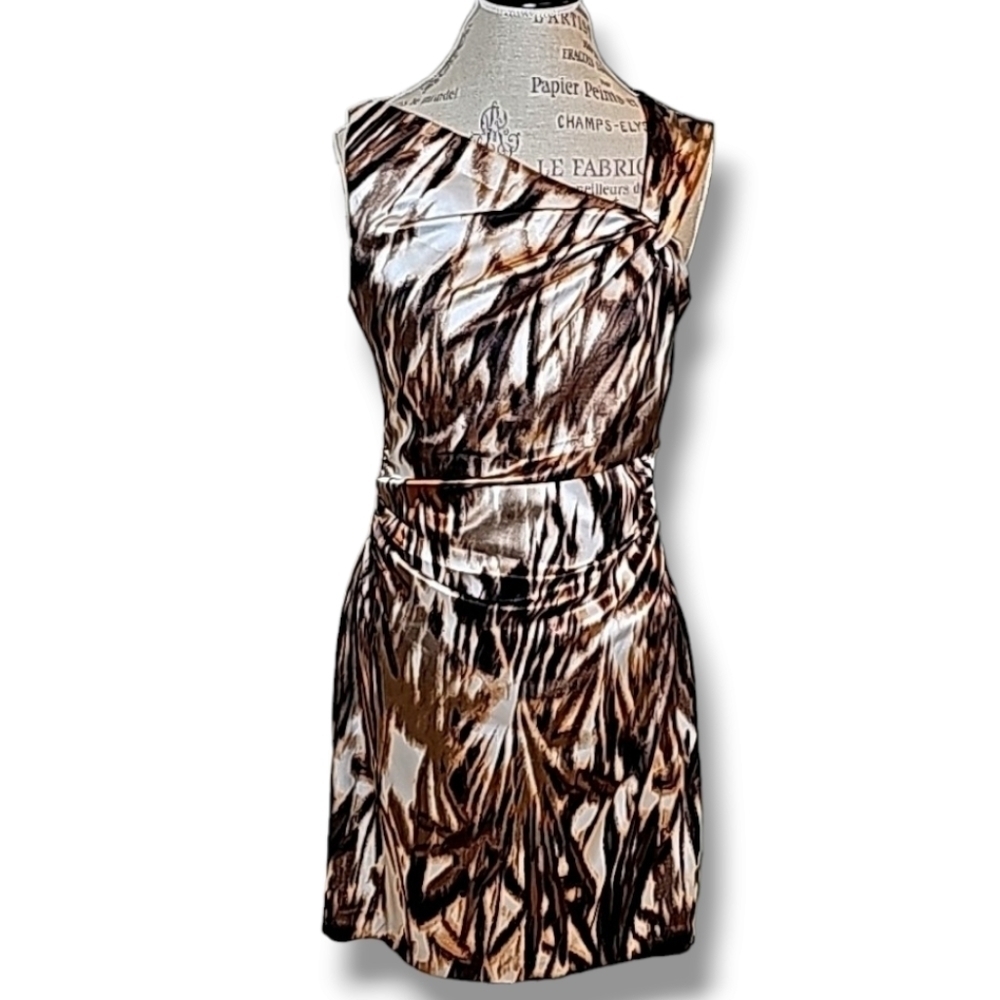 Maggie London Brown Tan Cream Faux Wrap Pleated Formal Party Dress - Size 12 - Picture 1 of 9
